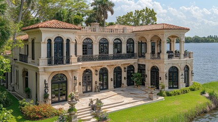 Expansive waterfront mansion, Mediterranean style, with a large terrace and manicured lawn