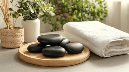 Spa stones on wooden tray, towels, plants, wellness