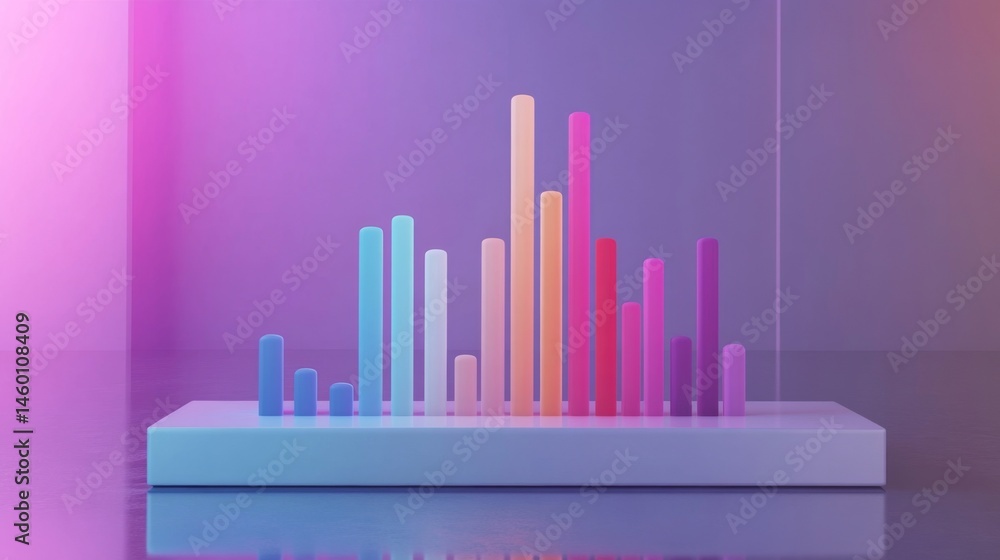 Poster d bar chart with gradient coloring, floating above a white reflective base