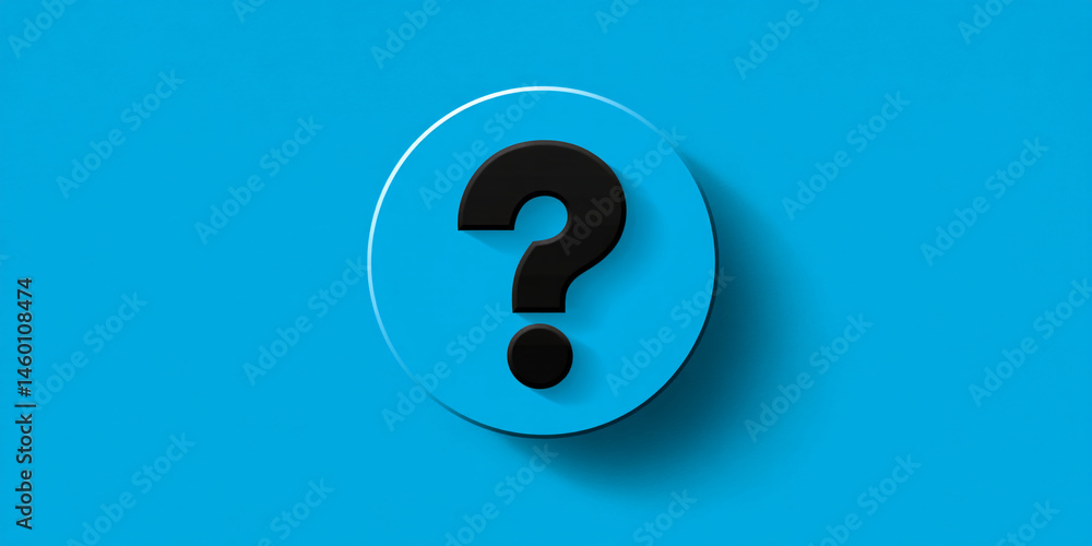 Poster black question mark on blue circle background, conveying uncertainty, inquiry, or help-seeking conce