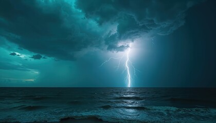 Powerful lightning bolt strikes ocean during dramatic thunderstorm. Storm thunder in cloudy sky. Intense weather event. Nature landscape at dark twilight. Climate forecast, background.