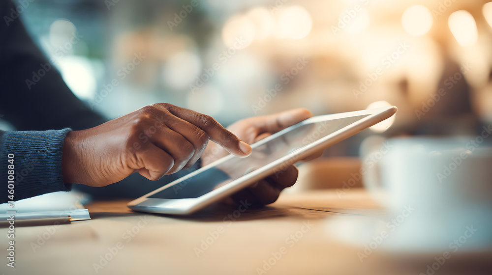 Aufkleber a person using a tablet computer in a cafe