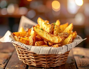 Basket of seasoned potato wedges on rustic wooden table with warm lighting