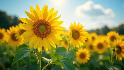 Fototapeta premium Sunflowers bask in sunlight, showcasing transpiration and growth , sky, agriculture