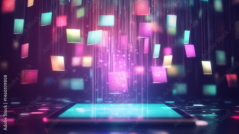 Poster clean studio shot of tablet projecting a luminous ai interface with layered cards