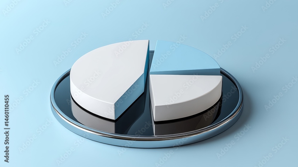 Aufkleber floating d pie chart with split parts separated slightly, hovering above a mirror base