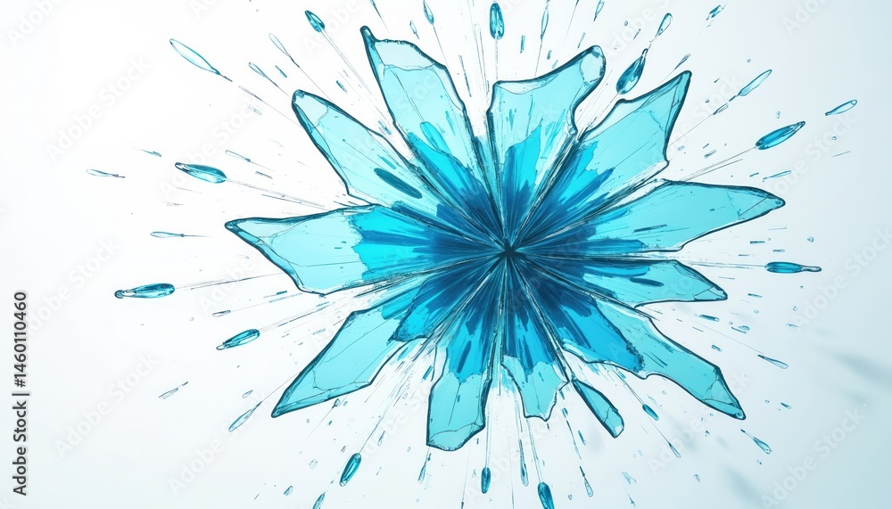 Poster Dynamic illustration blue glass shards exploding against white background. Fragmented elements scatter, creating striking visual impact. Design features sharp, broken geometry, reflection, clean,