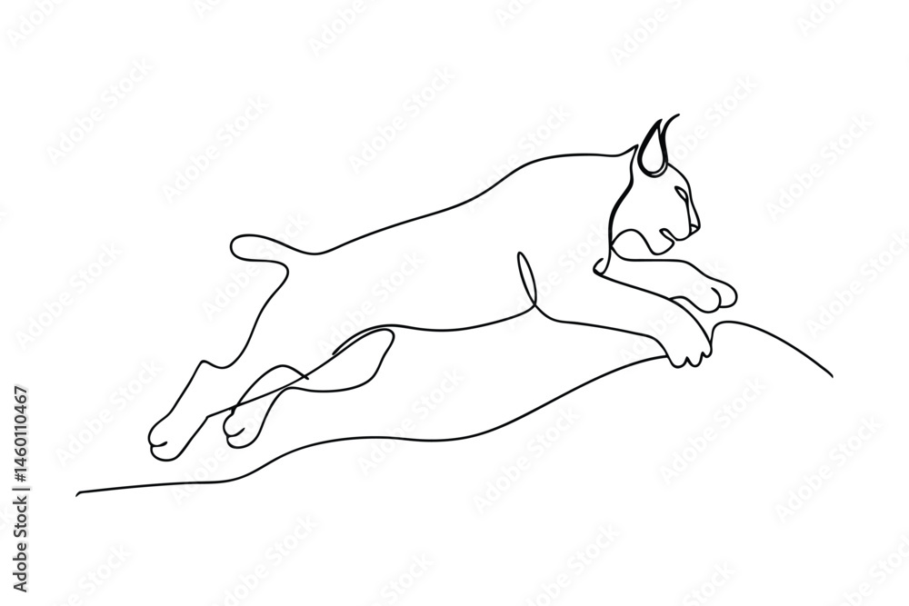 Poster simple black line art illustration of a leaping lynx in a continuous minimalist design with a white 