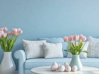 Serene Living Room Decor Pastel Blue & Pink Tulips