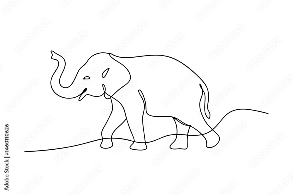 Poster single continuous line drawing of an elegant walking elephant showcasing minimalist art style in a s