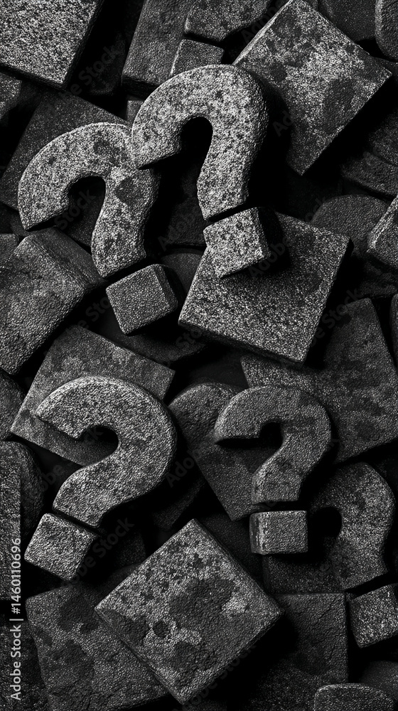 Poster Dark gray textured question marks and squares, creating a dense, enigmatic background ideal for mystery or puzzle concepts