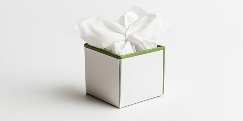 Obraz premium Elegant White Gift Box with Green Accents, Soft Tissue Paper Presentation, Minimalist Product Packaging Design, Clean Studio Shot on White Background