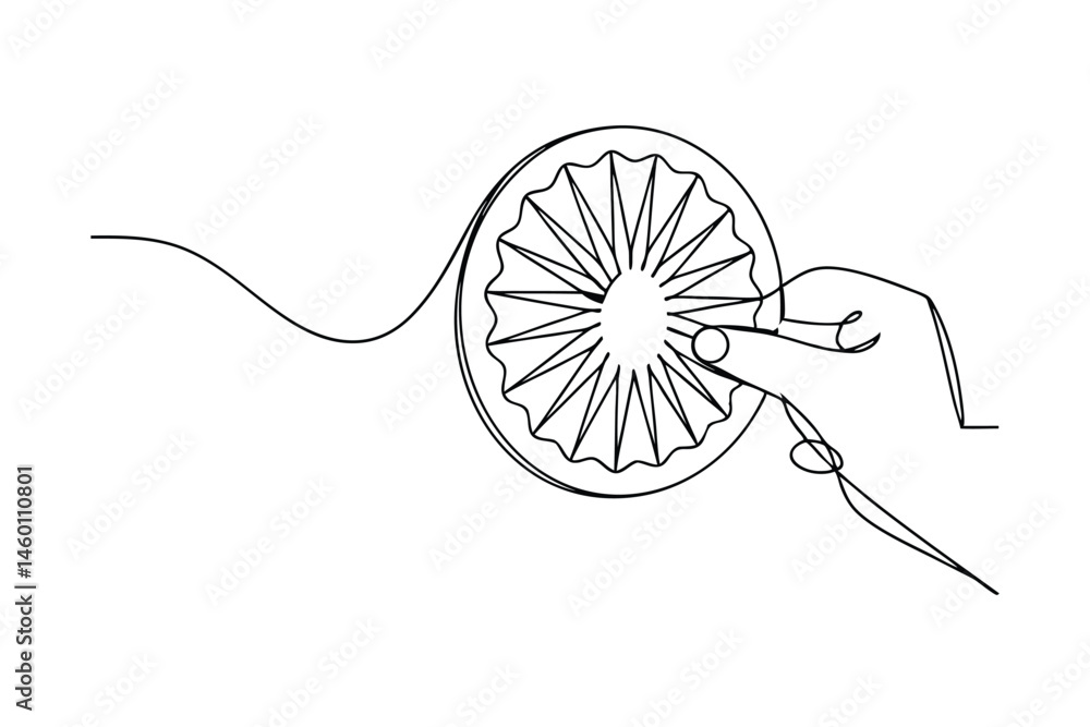 Poster single continuous line art illustration of a hand holding a stylized segmented circular shape design