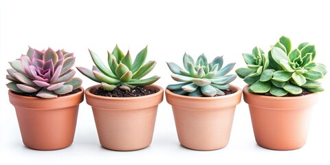 Fototapeta premium Collection of Four Succulents in Terracotta Pots Against White Background A Stunning Display of Echeveria Plants