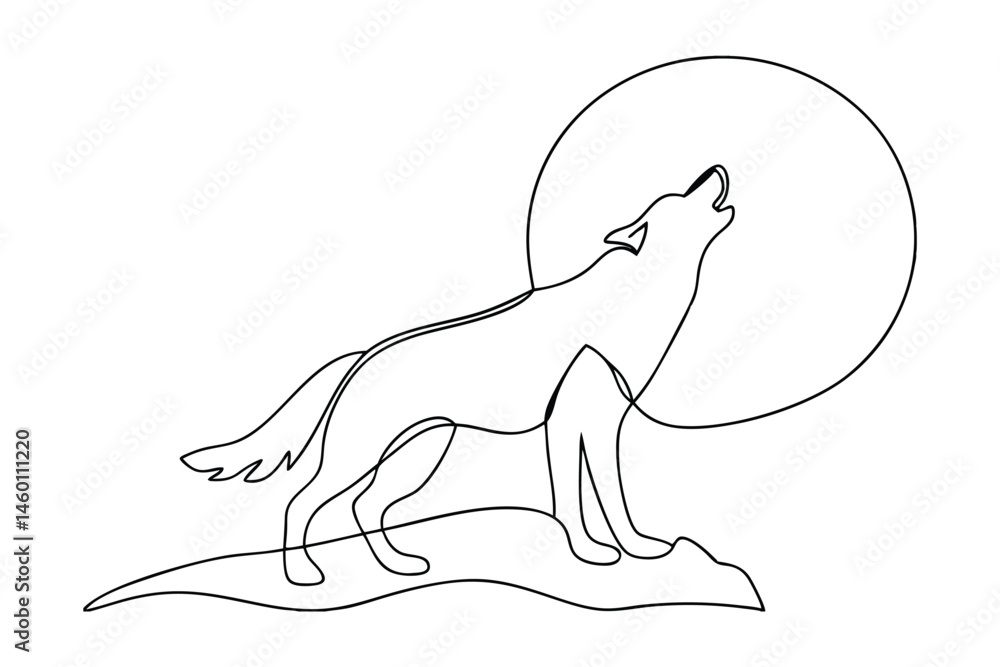 Poster simple continuous line drawing of a howling wolf against a full moon in a minimalistic and artistic 