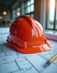 Fototapeta na wymiar Orange hard hat on top of architectural blueprint. Planning fire safety with safety helmet for construction, engineering, building design. Pencil for consultation, detailed project plan, health