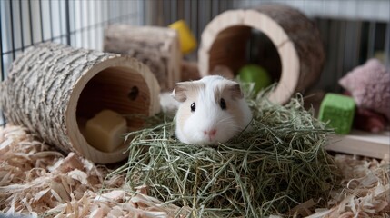 A comforting scene of a guinea pig nestling in a soft hay bed inside a spacious cage with wooden tunnels and chew toys tered around.