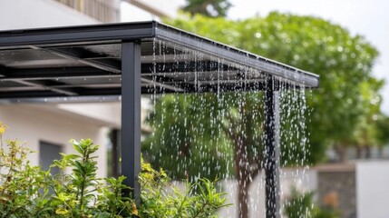 Fototapeta premium Rainwater flows off a modern pergola, creating a soothing water curtain effect, near green bushes.