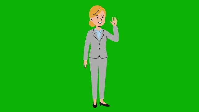 Animated blonde woman with fair skin wearing a light gray suit and blue-collared shirt, waving on a green background. Perfect for school content, explainer videos, or corporate digital avatars.