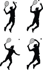 Set of Tennis Player Silhouette Jumping to Serve – Full Body Vector in Action Pose on White Background
