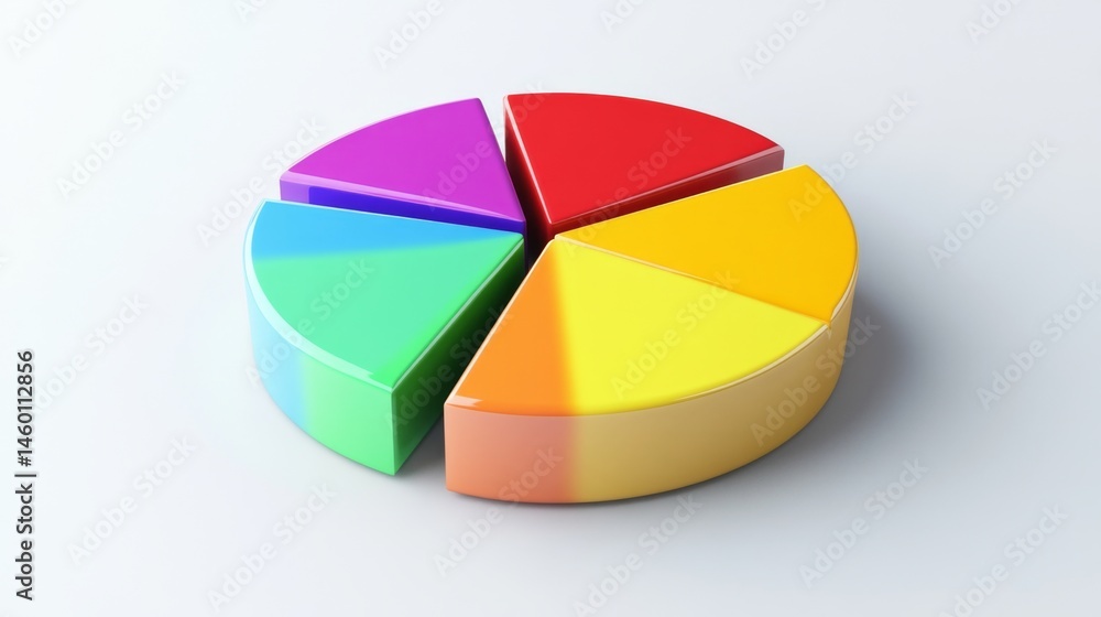Aufkleber simple d pie chart with glossy colored parts floating on a white surface, clean shadows and minimal 