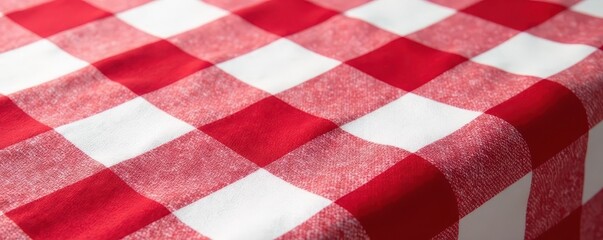 Fototapeta premium Crisp red & white checkered linen tablecloth, textured weave , red white check, detail, background
