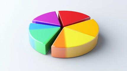 Obraz premium Simple D pie chart with glossy colored parts floating on a white surface, clean shadows and minimal design