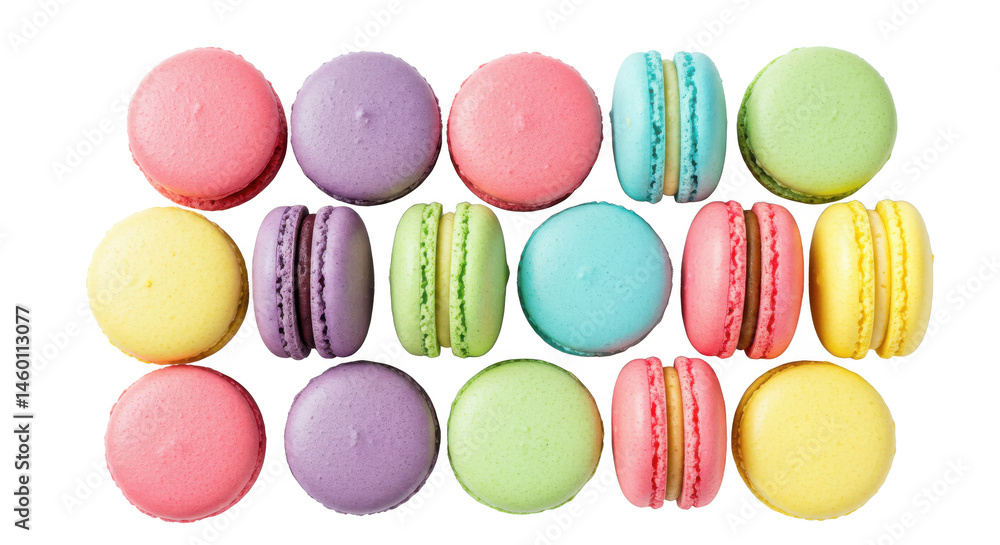 Poster an overhead shot of colorful macarons arranged in rows on a white surface creating a vibrant display