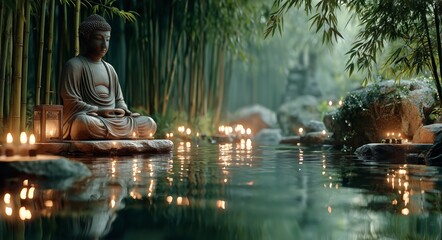 Serene Buddha Statue in Tranquil Bamboo Garden at Dusk With Floating Flowers and Candles