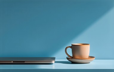 Obraz premium Morning Workspace With Laptop and Coffee Cup on Vibrant Blue Background