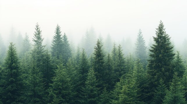 Misty forest canopy with evergreen trees.