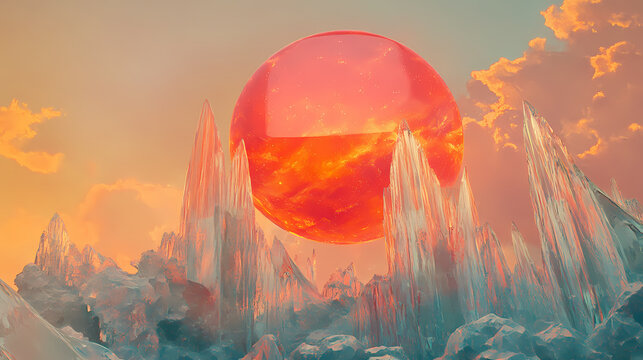 A crystalline planet where massive, transparent mountains refract the fiery light of a colossal red sun. [Solar Echoes] | Echoing Dawn | refracted sunrise. Illustration