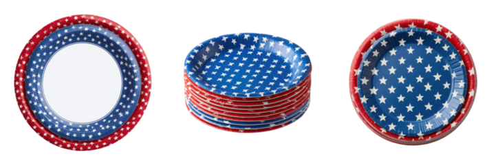 Colorful Paper Plates with Star and Stripe Pattern for Festive Events Isolated on a Transparent Background