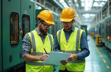 Two male factory inspectors in hard hats, high-visibility vests review audit report at manufacturing facility. Engineers discuss industrial process, machinery, production line. Safety, quality