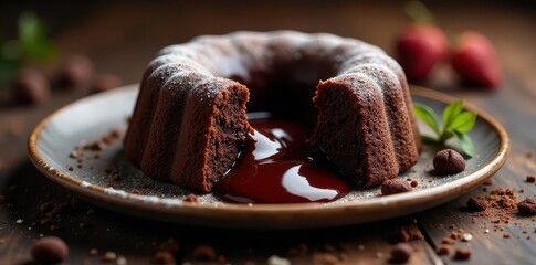 Rich dark chocolate lava cake with molten center, rich, warm, delicious