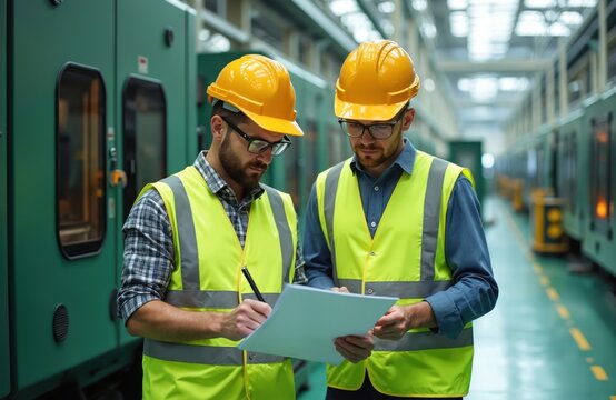 Two male factory inspectors in hard hats, high-visibility vests review audit report at manufacturing facility. Engineers discuss industrial process, machinery, production line. Safety, quality