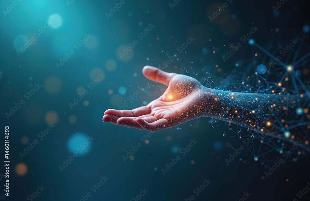 Poster Glowing hand digital composite with network connection on dark blue background. Futuristic tech concept innovation in cyberspace, artificial intelligence. Connect, touch, gesture, innovation.