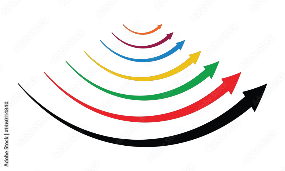 Poster single headed curve long multi color arrow icon set. one sided curved arrow icon. black red green bl