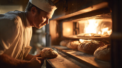 A baker inspecting freshly baked loaves of bread in the oven