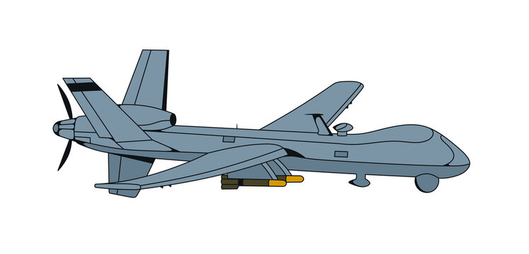 Illustration of the US Army's MQ-9 Reaper strike reconnaissance drone. A remotely piloted MQ-9 aircraft of the US Army. Aerial reconnaissance using UAVs. Airspace protection
