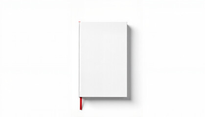 Minimalist white notebook with red bookmark on white background , mockup