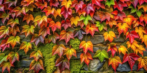 Fototapeta premium A Vibrant Tapestry of Autumn Hues Embraces a Stone Wall, Creating a Stunning Display of Nature's Artistry