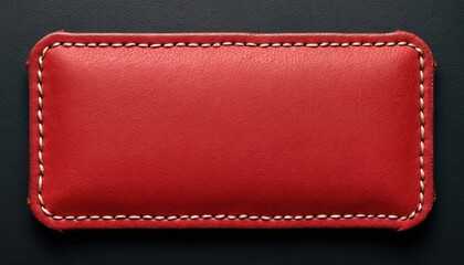 Red leather label with stitched edges. Rectangle patch, high-quality texture on dark background. Design element for brand identity, fashion, craft projects. Vintage label, sewing detail. Perfect for