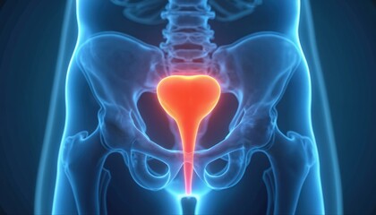 Medical illustration of male pelvic organs. MRI visualization of prostate gland seminal vesicles. Blue gradient background for healthcare, educational, science, medicine projects. Digital imaging