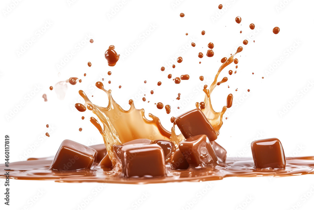 Poster a splash of caramel with several caramel candies isolated on a black and white background image scen