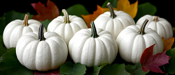 White Pumpkins on Fall Leaves