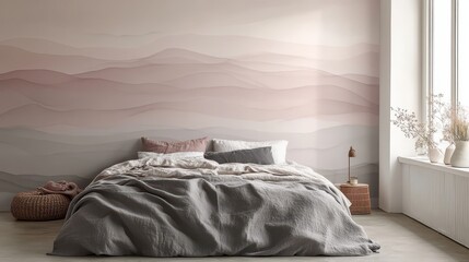 Elegant bedroom with a subtle mountain range wallpaper.