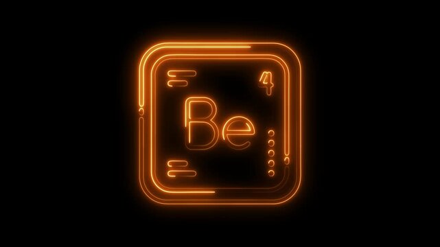 Neon style periodic table element beryllium animated on black background for scientific educational projects