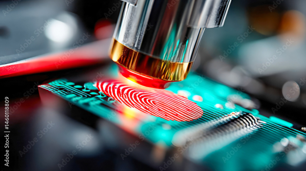 Aufkleber close-up of a futuristic fingerprint scanner glowing with red light on a circuit board, emphasizing 