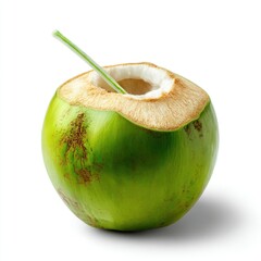 Green coconut with straw isolated on white background